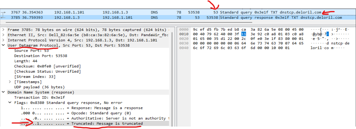 UDP DNS Response, note the truncation bit