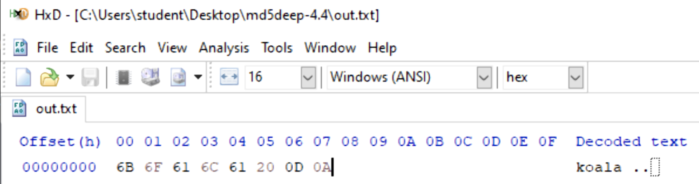 HxD view of myfile.txt